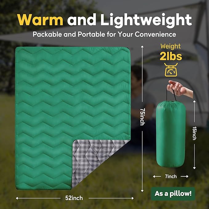 UNIKOME Lightweight & Waterproof Outdoor Camping Travel Blanket, Puffy Down Alternative With corner loops, 75"52", Green