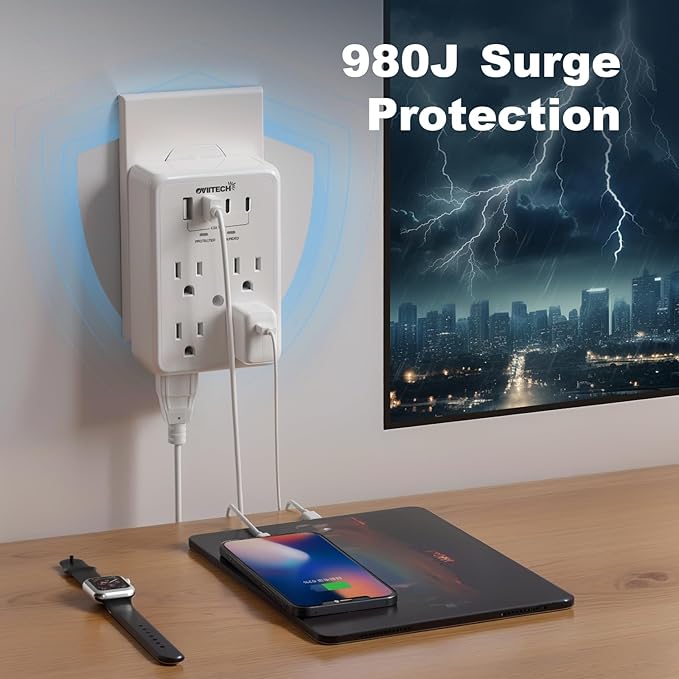 Multi Plug Outlet Extender Surge Protector Adapter, 6 Outlet with 4 USB Ports (2 USB C) 980J Power Strip Wall Charger Spaced for Travel,Home, Office, Dorm Room, White 2 Pack