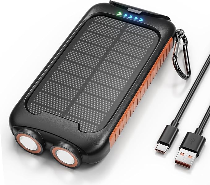 Solar Charger Power Bank, 38800mAh Portable Phone Charger with 1 Type-C & 2 USB-A Ports Built-in Dual LED Flashlight, 15W Fast Charging Waterproof Solar Panel Charger