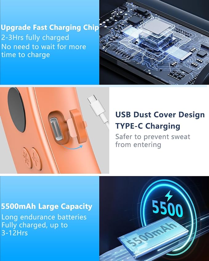 Neck Fan Rechargeable,Portable Neck Fans that Blow Cold Air,Ice Piece of Metal Cool Plates AC Condition,Bladless Coldest Wear USB C Charger Adjustable Breezers Tool for Travel Camping Outdoor Orange