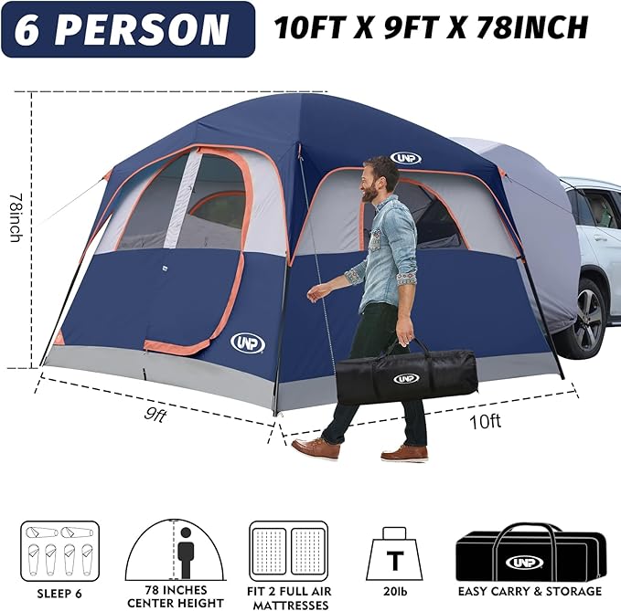 UNP SUV Tent for Camping, 6-Person SUV Tailgate Tent - Easy Set Up with Rainfly, 10'x9'x78in(H)