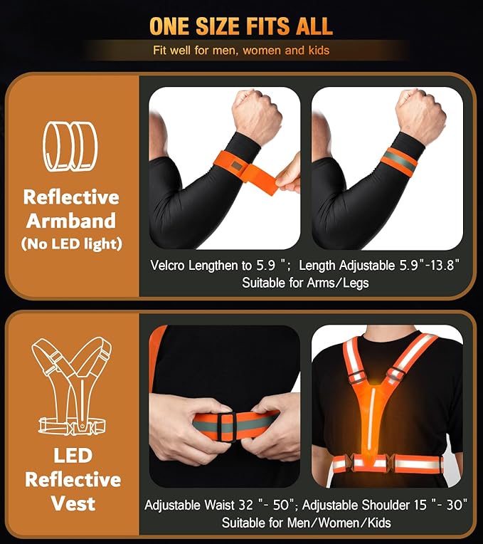 Led Light Up Running Vest Reflective Vest for Runners Night Walking, Rechargeable LED Reflective Running Vest High Visibility with Adjustable Waist/Shoulde, Reflective Armband for Women Men