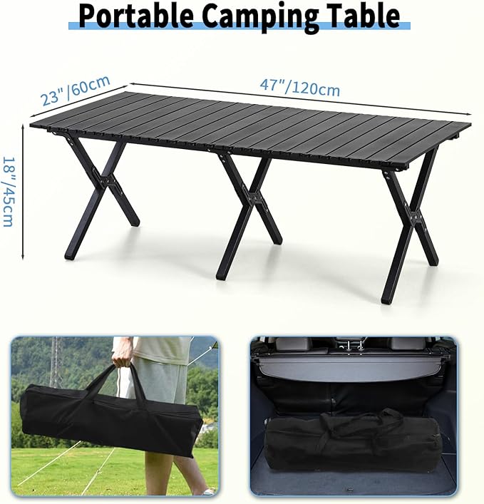 Roll-Up Camping Table Black Aluminum Low Folding Table for Outdoor Picnic BBQ Backyard Beach Easy Carrying in Bag-4FT