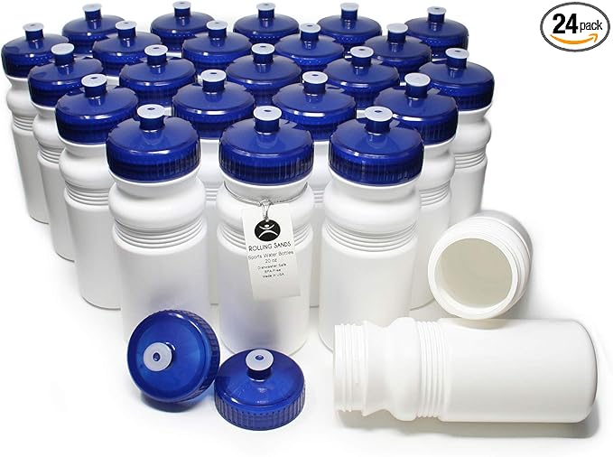 Rolling Sands USA Made 20 Ounce Sports Water Bottles - 24-Pack Bulk BPA-Free Blank Sports Bottles for Teams & Classrooms - White Bottle/Navy Lid, No Smell No Taste