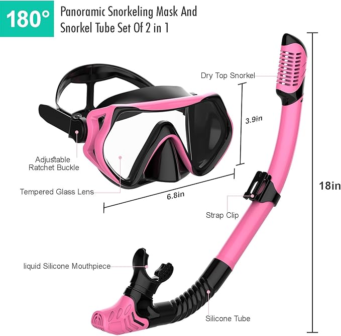 Snorkeling Gear for Adults, JRing Snorkel Mask Set with 180 Degree Tempered Glass Anti Fog Goggles Scuba Dry Top Snorkel for Swimming, Scuba Diving Mask for Men Women