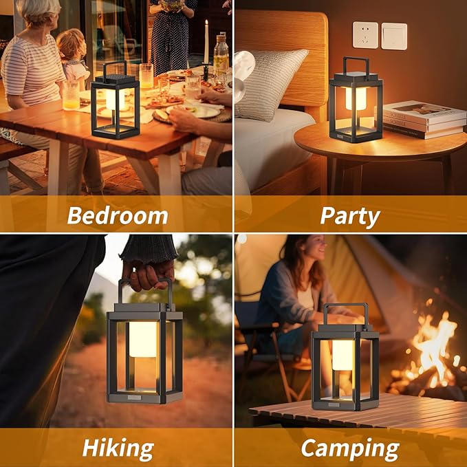 Solar Lantern Outdoor Table Lamp, Portable Rechargeable Solar Lamp Waterproof, 3-Level Brightness LED Nightstand Lantern, Touch Control Outdoor Lamps for Patio Reading Camping