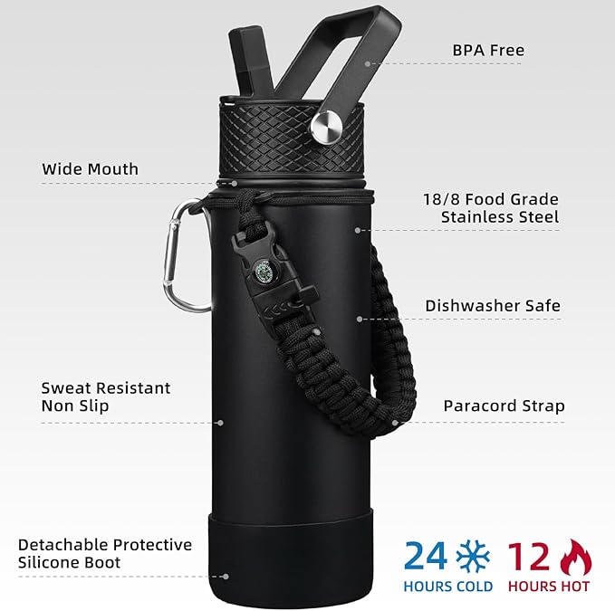 BJPKPK Insulated Water Bottle with Straw Lid, 22oz Thermo Water Bottles with 3 Lids, Paracord Handle & Non-slip Boot, BPA Free Leak Proof Stainless Steel Tumblers, Cups,Black