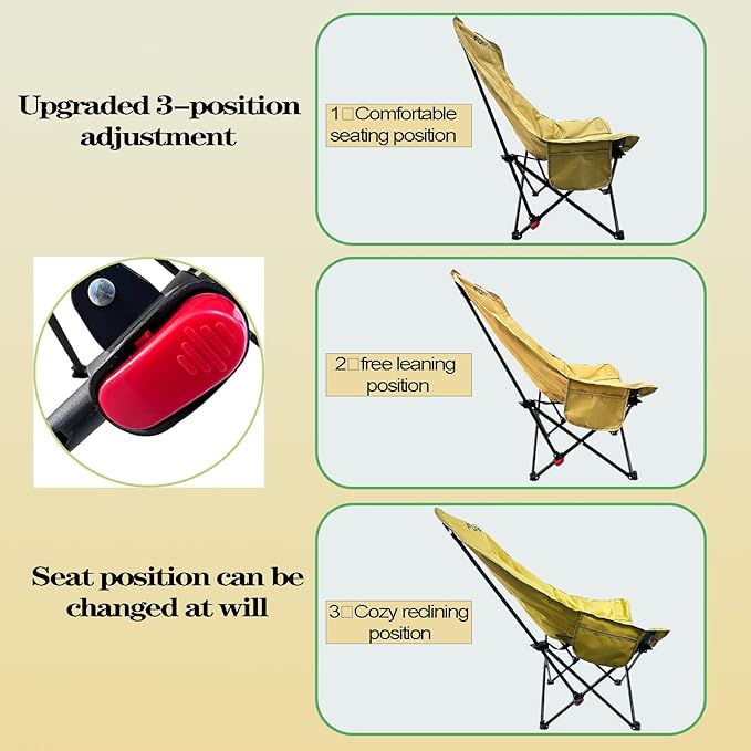 Adjustable Portable Folding Camping Chair with High Back, Side Pockets, Headrest, Lightweight Lawn Chair for Outdoor Camping, Beach, Leisure and Adults (Khaki Cotton Thickened)