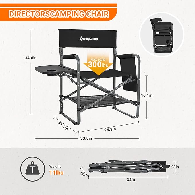 KingCamp XXL Oversized Directors Chair with Side Table, Heavy Duty Camping Chairs 600lbs with Cooler Bag, Portable Folding Camp Chair with Wide Seat for Camping Hiking Fishing Lawn Outdoor and Sports
