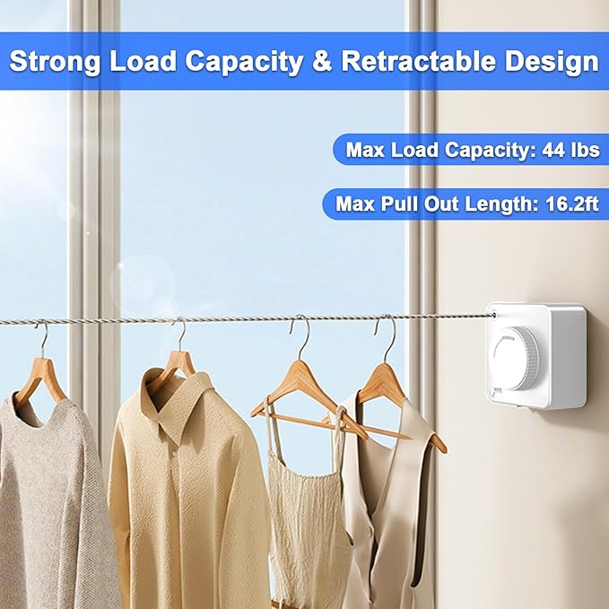Retractable Clothesline Indoor & Outdoor, 16.2 Ft Non-Sagging Stainless Steel Laundry Washing Line with Wall Mounted Heavy Duty Design, Space-Saving Clothing Drying Rack (1, White)