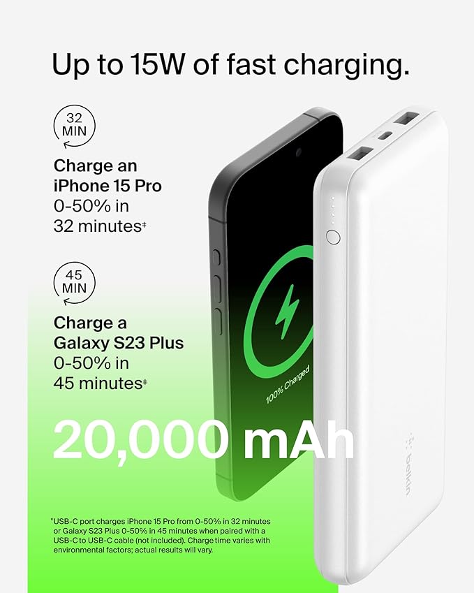 Belkin Portable Charger, USB C Power Bank 20000 mAh w/ 1xUSB-C Port & 2xUSB-A Ports, 15W w/Type-C to Type-A Cable - iPhone 17, Samsung Galaxy S25, Nintendo Switch 2, Google Pixel 10, etc. - White