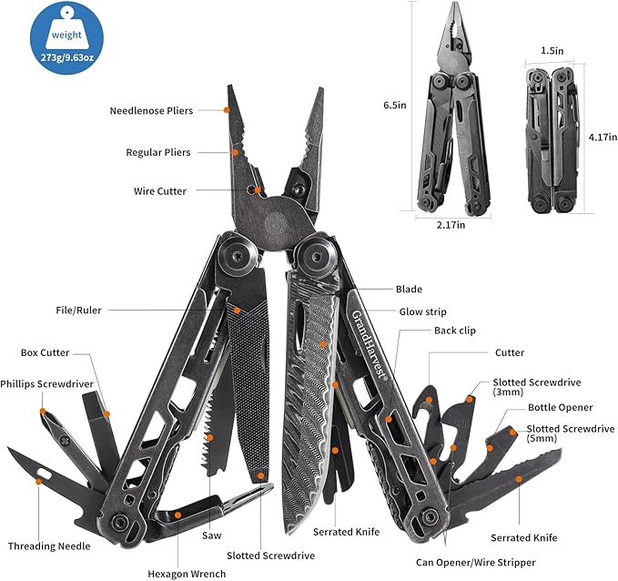 Multitool, 25-in-1 Spring Loaded Pliers Multi Tool, Each Tools with Safety Lock-Stainless Steel Multi-Tool, Propylene Sheath, Survival Gear for Camping, Hiking, Multi Plier, Pocket Knife