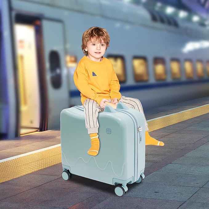 18-Inch Kids Ride-On Suitcase - Cute Lightweight Trolley Luggage with 4 Silent Spinner Wheels & Lock for Travel - Perfect for Ages 3-6 (Sky Blue)