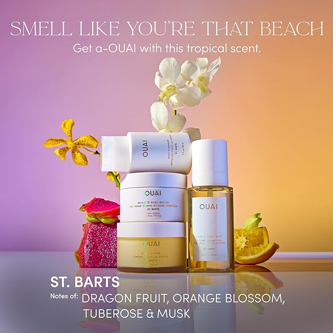 OUAI St. Barts Travel Bundle - Includes Travel Size Scalp & Body Scrub, Foaming Shower Gel, Hydrating Cream, and Hair & Body Mist (4 Count, 3.4 Oz/3.4 Oz/3 Oz/3.3 Oz)