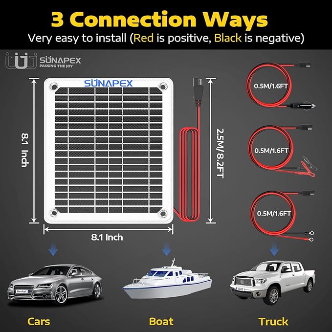 SUNAPEX Solar Battery Charger Maintainer, 5W 12V Portable Waterproof Solar Panel Trickle Charger with Built-in Charge Controller, Cig Plug, Alligator Clips, O-Rings for Car, Truck,Tractor, Boat, etc