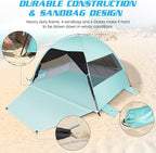 Large Easy Setup Beach Tent,Anti-UV Beach Shade Beach Canopy Tent Sun Shade with Extended Floor & 3 Mesh Roll Up Windows Fits 3-4 Person,Portable Shade Tent for Outdoor Camping Fishing (Mint Green)