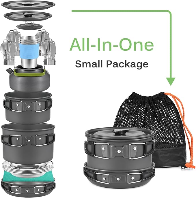 Lixada 33PCS Camping Cookware Kit Cookware Mess Kit Outdoor Cooking Utensils Kit with Tableware Collapsible Bowl Pan for Family Hiking Travel Picnic Fork