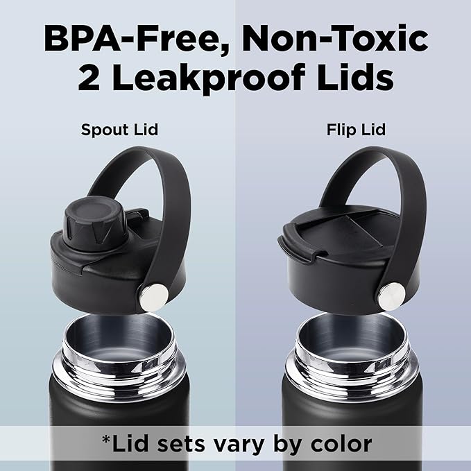 ThermoProof Insulated Water Bottle – Stainless Steel, Wide Mouth, Flip & Spout Lids, Leakproof, Dishwasher Safe, Reusable – Keeps Drinks Hot or Cold – for Adults & Kids – 18oz, Black