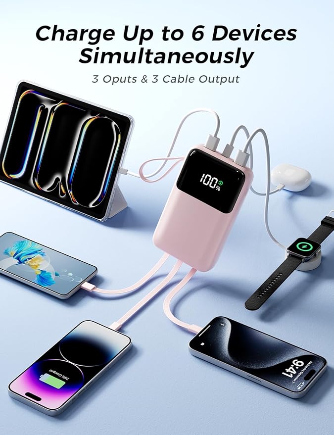 Power Bank, 15000mAh Portable Charger with Built in Cable, 22.5W Fast Charging, 6 Outputs, Slim Travel Essential Battery Pack with LED Display, Compatible with iPhone 16/15/14/13, Samsung, iPad, etc