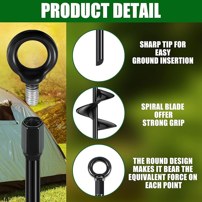 Lasnten 30 Inch Heavy Duty Ground Anchor Spiral Blade Earth Anchor Kit Metal Anchor Hook Beach Sand Stakes Camping for Securing Animals, Shelters, Tents, Canopies(Black,6 Pcs)