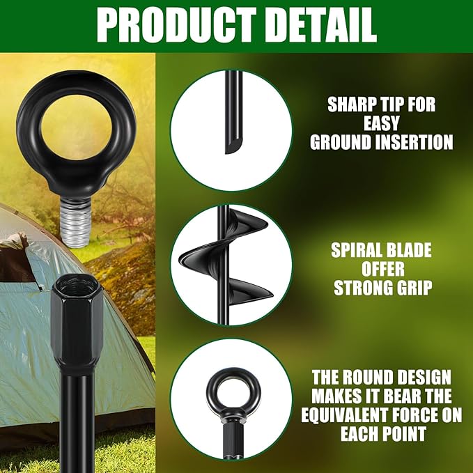 Lasnten 12 Pcs 30 Inch Heavy Duty Ground Anchor Spiral Blade Earth Anchor Kit Metal Anchor Hook Beach Sand Stakes Camping for Securing Animals, Shelters, Tents, Canopies (Black)