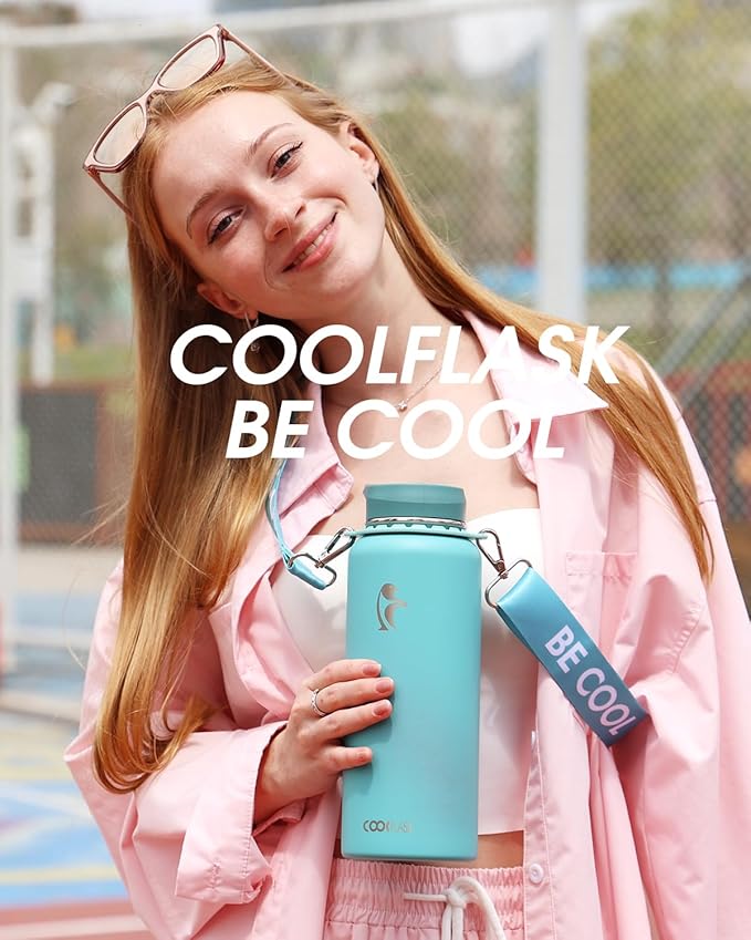 Coolflask Water Bottle 40 oz with Strap, Insulated Metal Water Flask with Straw & Spout Lids, Stainless Steel Double Wall Vacuum, Keep Cold 48h Hot 24h, Leak Proof & Non-BPA, Agate Green