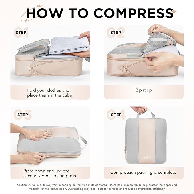 10 Set Compression Packing Cubes for Travel,Luggage Clothes Storage Gifts for Women Mom Her,Airplane/Cruise/Car/Train Travel Essentials,OlarHike Compressible Expandable Saver Space Bags(Beige)