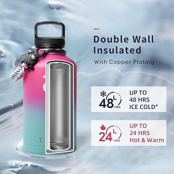Trebo Insulated Water Bottle 64 oz, Half Gallon Metal Vacuum Water Jug with Paracord Handle and 3 Lids, Leakproof BPA-Free Flask for Gym Sports Hiking Travel, Keep Cold 48 Hours, Rose Red