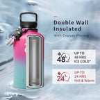 Trebo Insulated Water Bottle 64 oz, Half Gallon Metal Vacuum Water Jug with Paracord Handle and 3 Lids, Leakproof BPA-Free Flask for Gym Sports Hiking Travel, Keep Cold 48 Hours, Rose Red