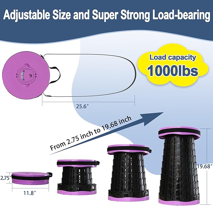 ALEVMOOM 2025 Upgraded XXL 19.7" Collapsible Stool with Cushion, 1000lbs Max Weight Heavy Duty Portable Telescoping Stool, Retractable Seat Folding Chair for Camping Fishing Hiking(Purple-XXL)