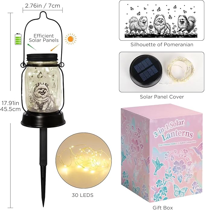 kyoryuger Pomeranian Gifts for Women/Men Pomeranian Solar Lanterns Dog Mom Birthday Dog Lovers Lantern Pet Loss Pet Memorial Lights Solar Garden Decoration for Yard, Patio,Backyard,Porch Torches