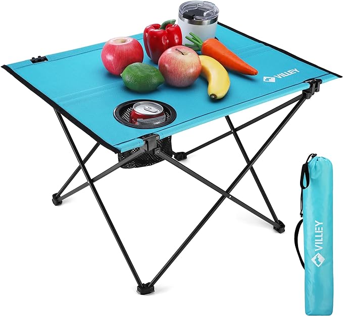 VILLEY Folding Camping Table, Lightweight Portable Beach Table with 2 Cup Holders & Carry Bag for Camping, Beach, Fishing, Travel, and Outdoor Activities (Small)