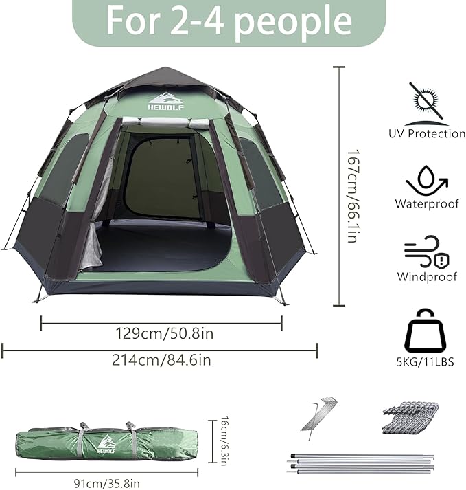 Hewolf 2/3/4 Person Camping Tent - Instant Pop Up Waterproof 2 Doors Tent with Easy Setup | 3-Season Hexagonal Dome Design for Family, Hiking & Traveling