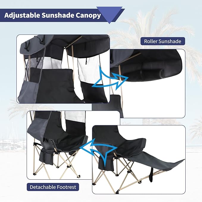 Folding Camping Chairs Canopy Outdoor: Sports Portable Beach Chair with Canopy-Lawn Beach Chairs with Umbrella for Adults-Camping Chair with Shade for Fishing Camp Heavy Duty (Casual, Grey)