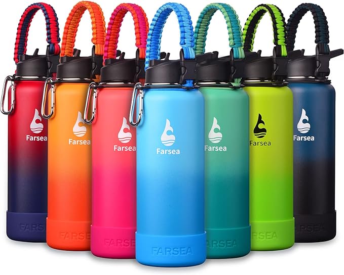 Farsea Insulated Water Bottle With Paracord Handle, Protective Silicone Boot and 2 Lids (Straw Lid & Spout Lid), Stainless Steel Water Bottle Wide Mouth, Double Wall Sweat-Proof BPA-Free, 40 oz
