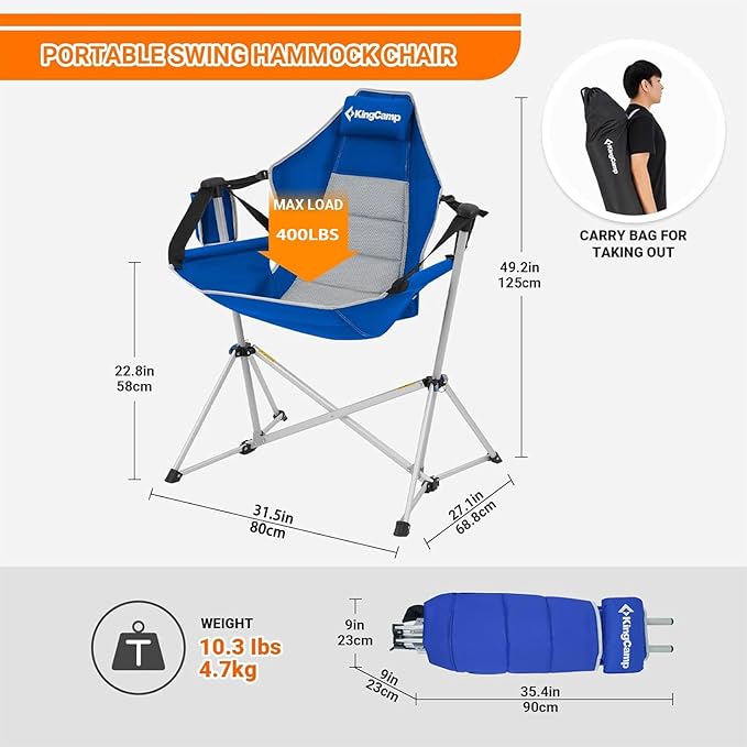 KingCamp Hammock Chair with Footrest, Swinging Portable Folding Camping Chairs for Adults MAX 440lbs Heavy Duty Foldable Oversized Rocker with Cup Holder Pillow for Outdoor Beach Patio Sport Lawn