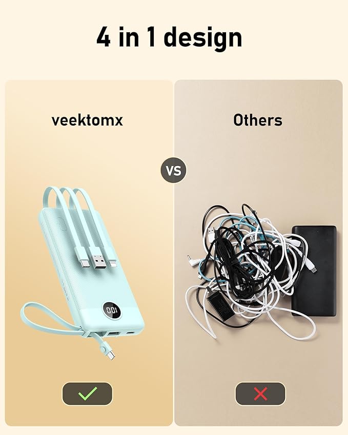 VEEKTOMX Portable Charger Built-in Cables, 10000mAh Power Bank for iPhone, Fast Charge USB C Battery Pack Travel Essentials Powerbank Compatible with iPhone 17/16/15/14, Samsung S25/24, Android, etc