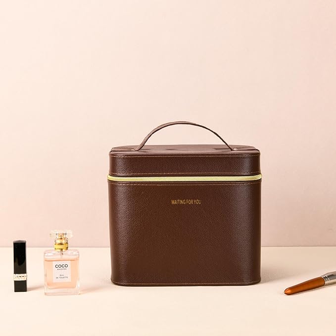 Hard brown makeup box, Portable leather hard cosmetic case with mirror, Professional train case make up box for women adults. (Monolayer - Brown)