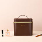Hard brown makeup box, Portable leather hard cosmetic case with mirror, Professional train case make up box for women adults. (Monolayer - Brown)