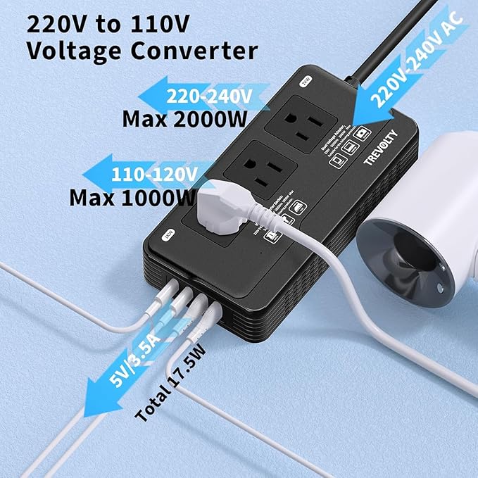 2000W Voltage Converter US to Europe for Hair Dryers, 7-in-1 220V to 110V Converter for European Travel with 3 AC/2 USBA/2 USBC Ports, Universal Power Converter Adapter Combo with EU/UK/IT/AU (Black)