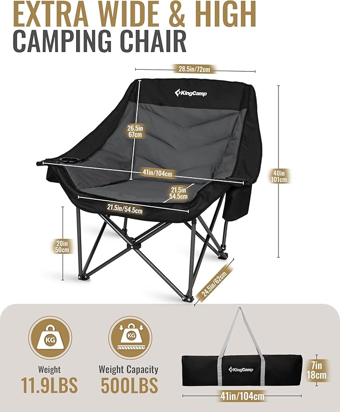 KingCamp Oversized XL Camping Chair, Heavy Duty 500lbs Folding Couch for Adults, Padded Large Comfortable Sofa Seat with Cooler Bag Cup Holder for Outdoor Sports Fishing Patio Lawn, Black/Grey
