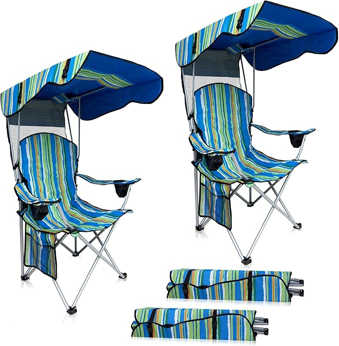 Portable Camping Chair with Adjustable Canopy Shade- Folding Camping Lounge Chair with Cup Holder & Side Pocket for Outdoor Camping, Fishing, Beach - Support 330 LBS (STREAK-2PK)