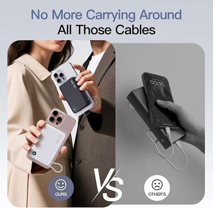 2025 Updated M3 Ultra Slim 0.4'' Wireless Power Bank, 12800mAh Magnetic Portable Charger with Built in Cable and Strap, LED Battery Pack Travel Essentials for iPhone 16/15/14/13/12/Pro/Pro Max Andriod