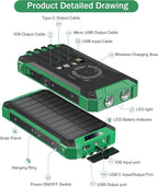 GOODaaa Power Bank Wireless Charger 36000mAh Built in 4 Cables Six Outputs 15W Fast Charging Power Bank for All Mobile Devices Three Inputs Solar Portable Charger with Dual Flashlights, Carabiner