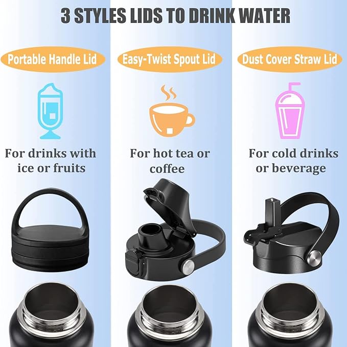 Water Bottle Insulated 32oz 40oz 64oz 128oz Straw Lid Spout Lid & 3 Lids, Leak Proof, Vacuum Insulated,Stainless Steel Water Bottle Wide Mouth for Sports, Gym or Office