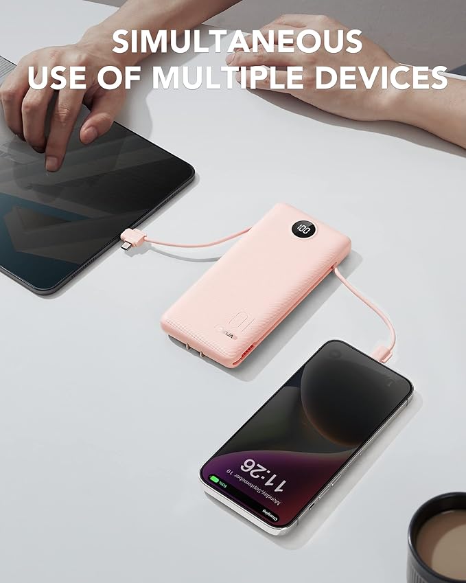 VRURC Portable Charger Built-in Cables and AC Wall Plug, USB C Power Bank 10000mAh, Travel Essentials Phone Charger Compact Lightweight External Battery Pack for Smart Phones, Tablets etc-Pink