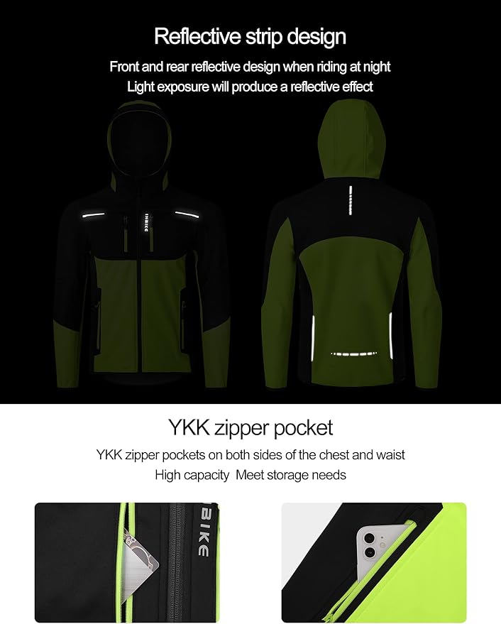 INBIKE Hooded Cycling Bike Jacket Men Running Biking Windbreaker Reflective Windproof Thermal Fleece Lined Bicycle Coat