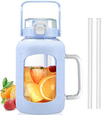 BLUEGO 64 oz Glass Water Bottle with Straw, Tumbler, Half Gallon, BPA Free, Light Blue, Sports, Daily Use, Travel, Hiking, Running, Cycling, Fitness