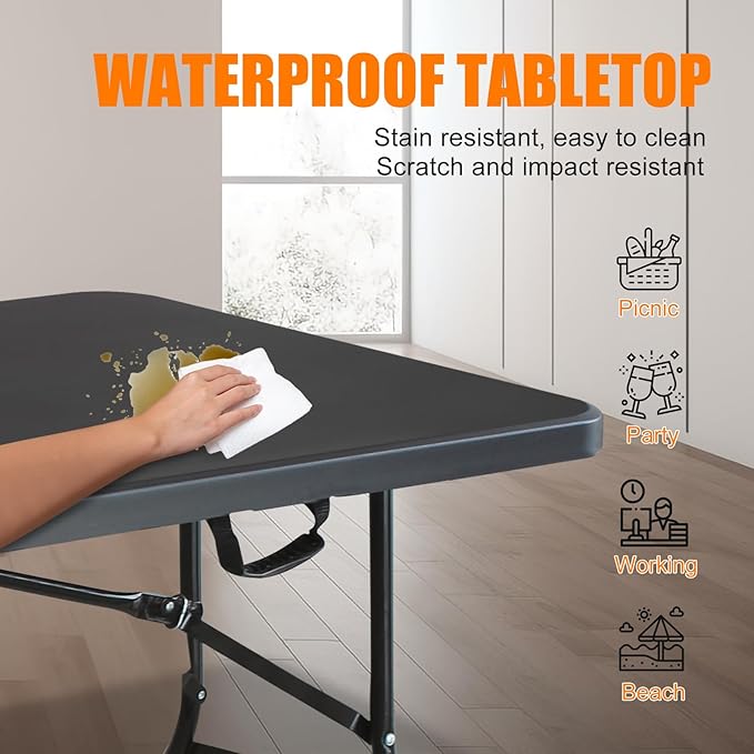 6 FT Folding Table with Carry Handle, Portable Fold-in-Half Plastic Table, Rectangle Foldable Table for Indoor/Outdoor Black