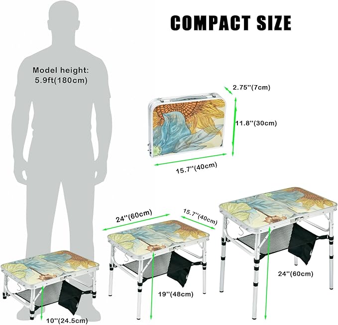 Small Folding Camping Table, 2ft Portable Picnic Table Aluminum 24" x 16" Folding Table, 3 Adjustable Heights Portable Lightweight Table Dining Table for RV, Picnic, Beach (Sunflower)